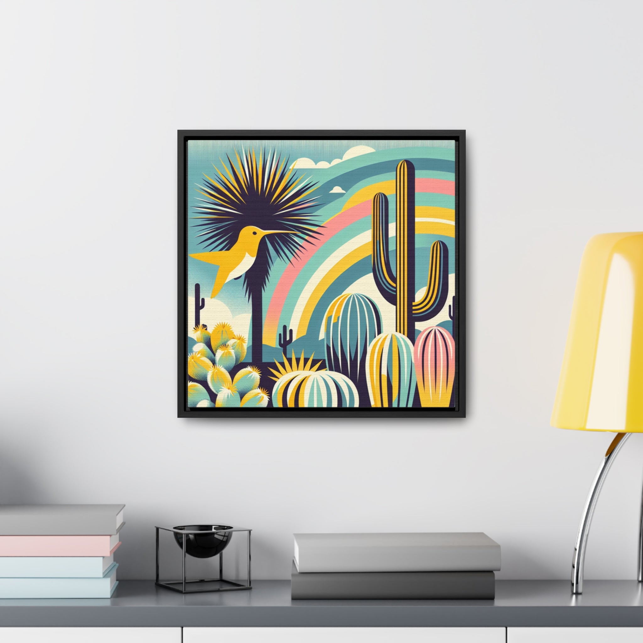 Wood framed canvas print with yellow hummingbird, cactus and pastel rainbow. 16 x 16