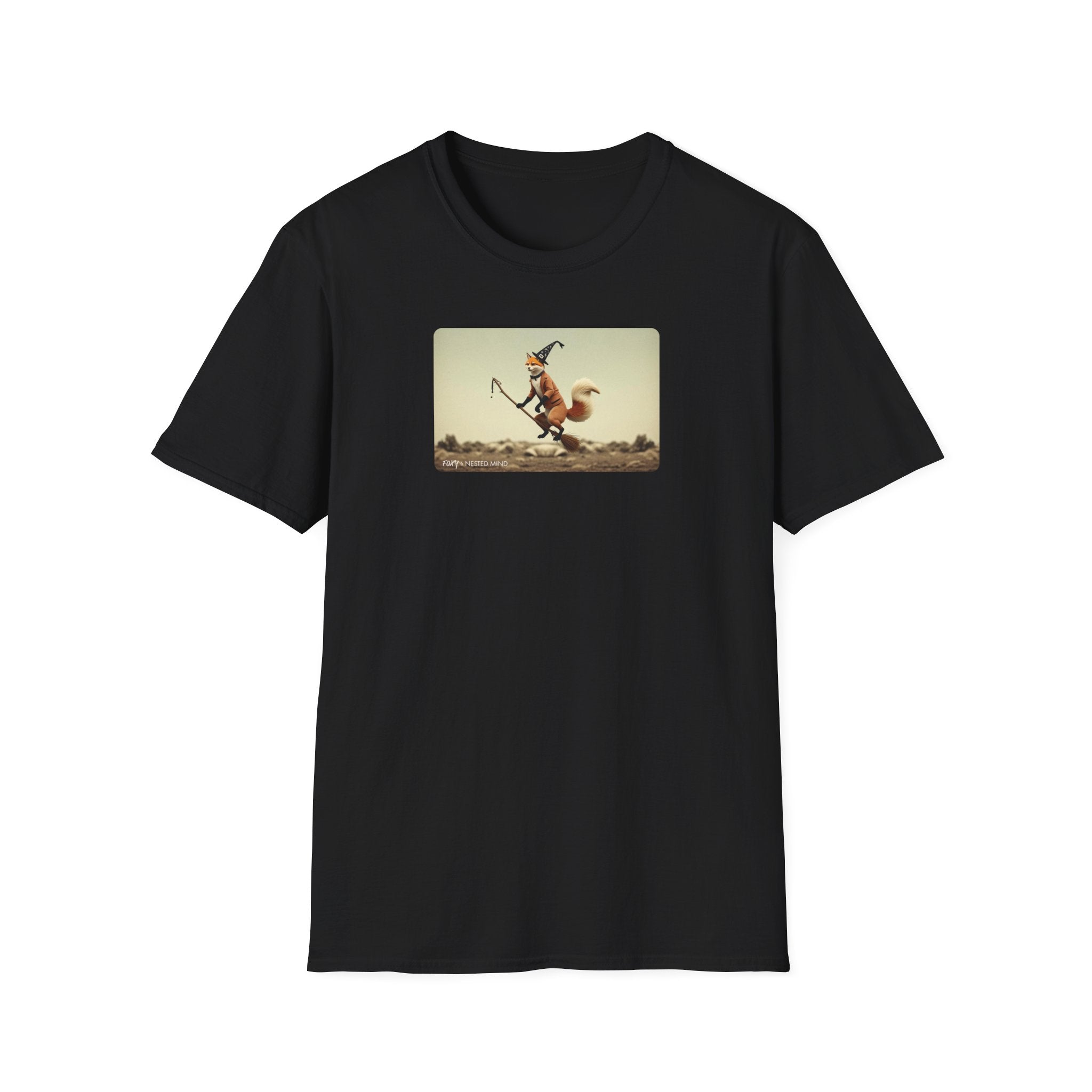 Adorable fox flying on a broomstick with a witches hat t-shirt