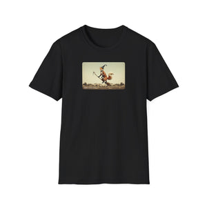 Adorable fox flying on a broomstick with a witches hat t-shirt