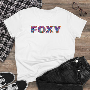 Woman's T-Shirt with the name FOXY in neon rainbow colored fur