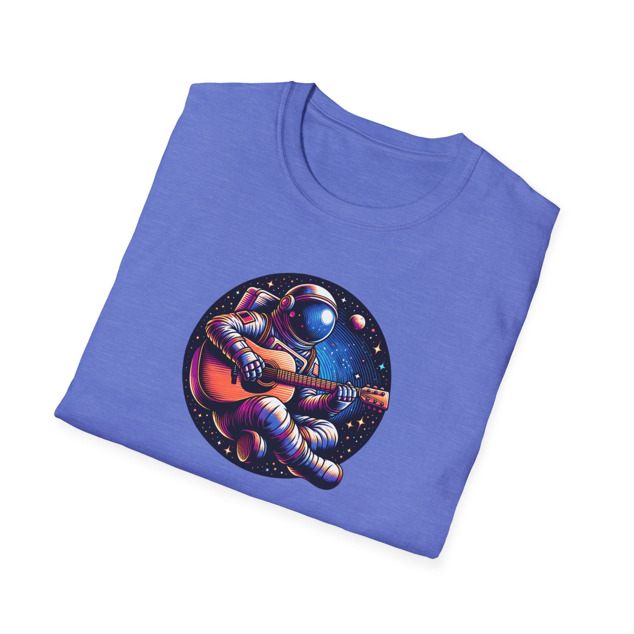 Astronaut playing acoustic guitar in space with planets and stars graphic T-shirt