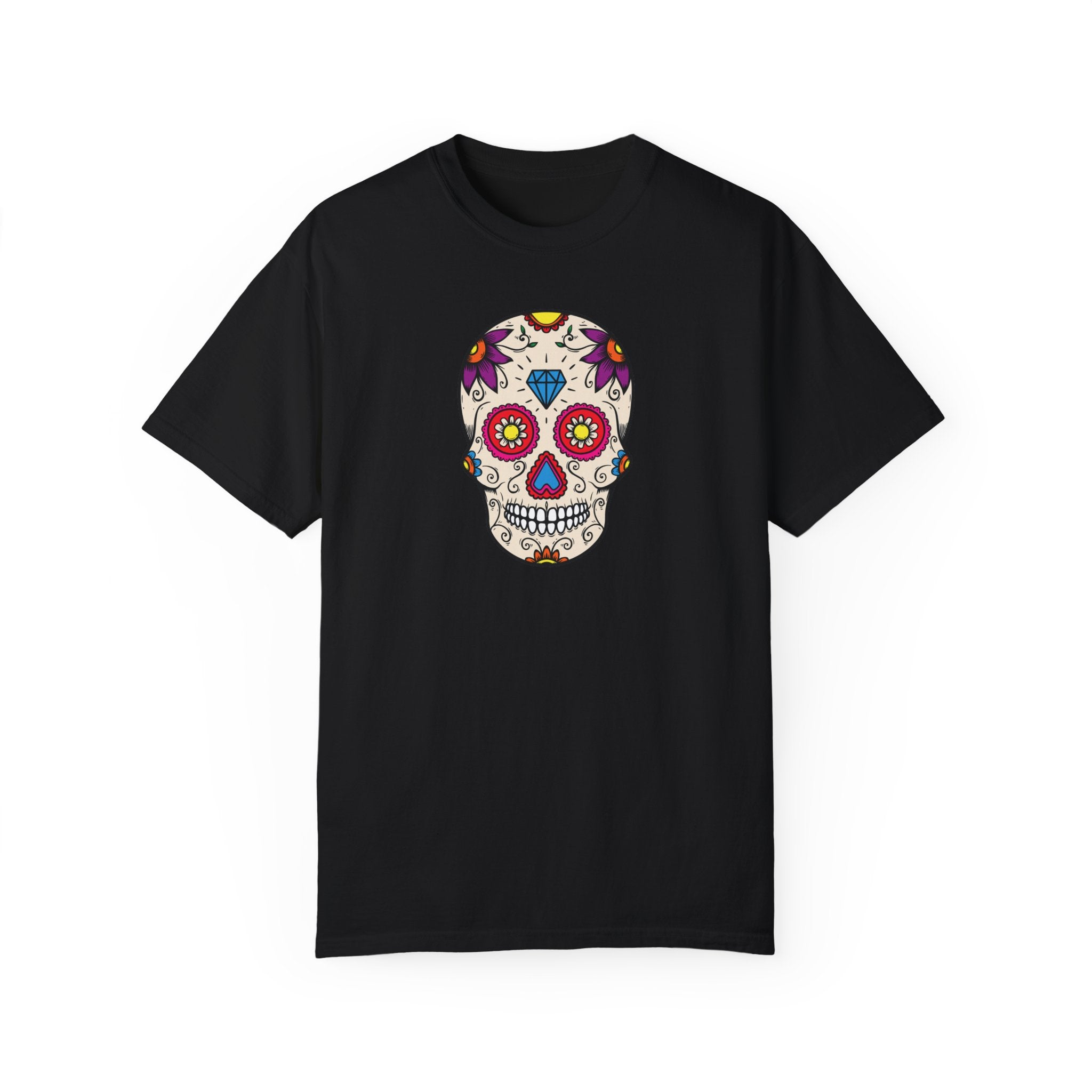 Dia de Los Muertos sugar skull t-shirt with blue diamond on forehead and purple flowers