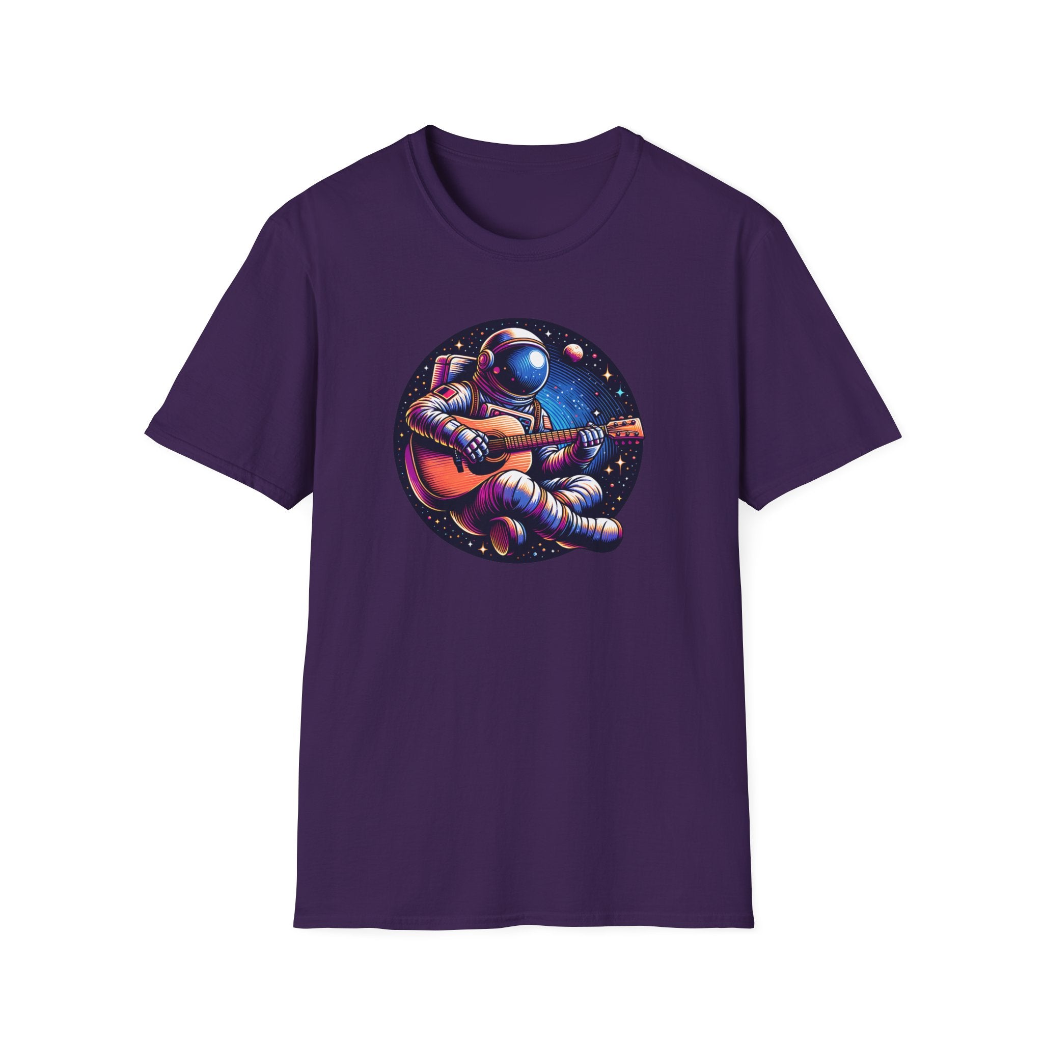 Astronaut playing acoustic guitar in space with planets and stars T-shirt