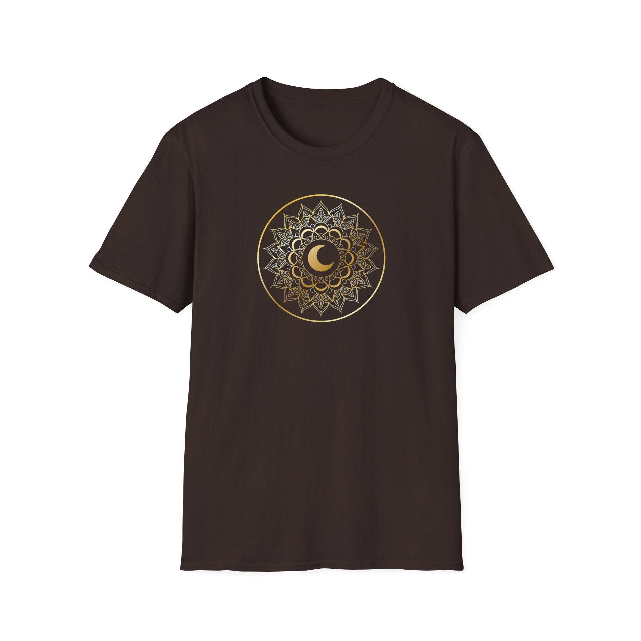 Circular mandala with a crescent moon in the center of a lotus mandala T-shirt