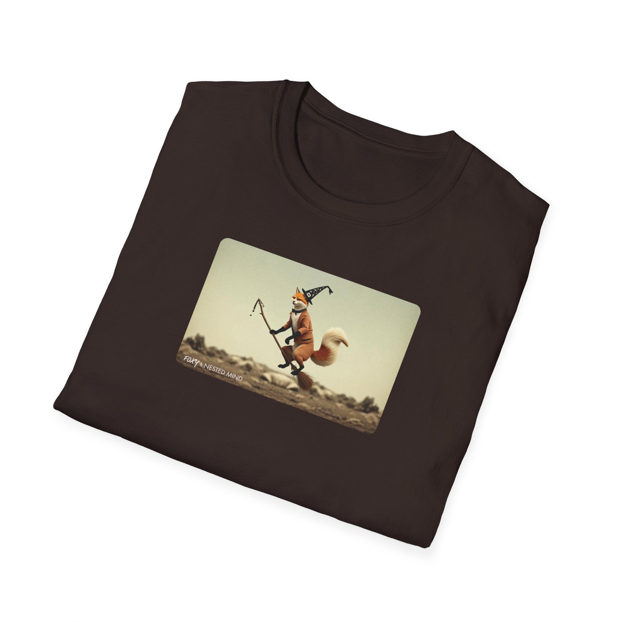 Cute fox flying on a broomstick with a witches hat t-shirt