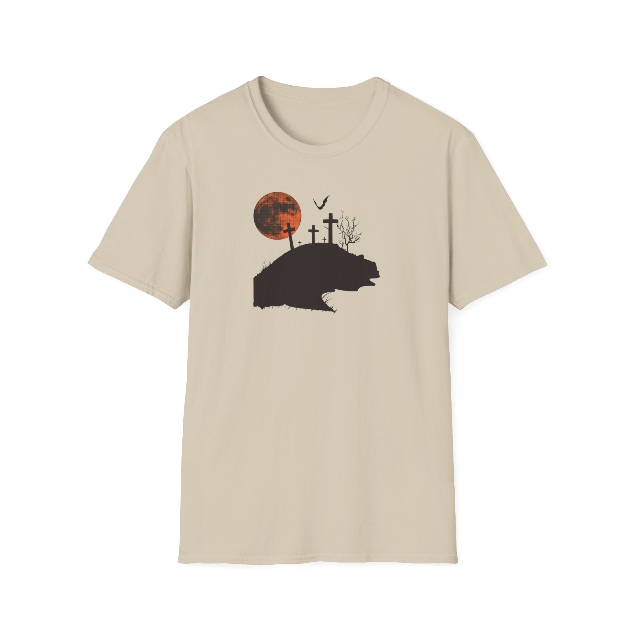 Scary graveyard t-shirt with an orange full moon and crosses