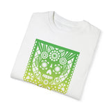 Papel Picado Mexican paper flag yellow and green with day of the dead skull