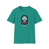 Skull with teal lotus flower over forehead