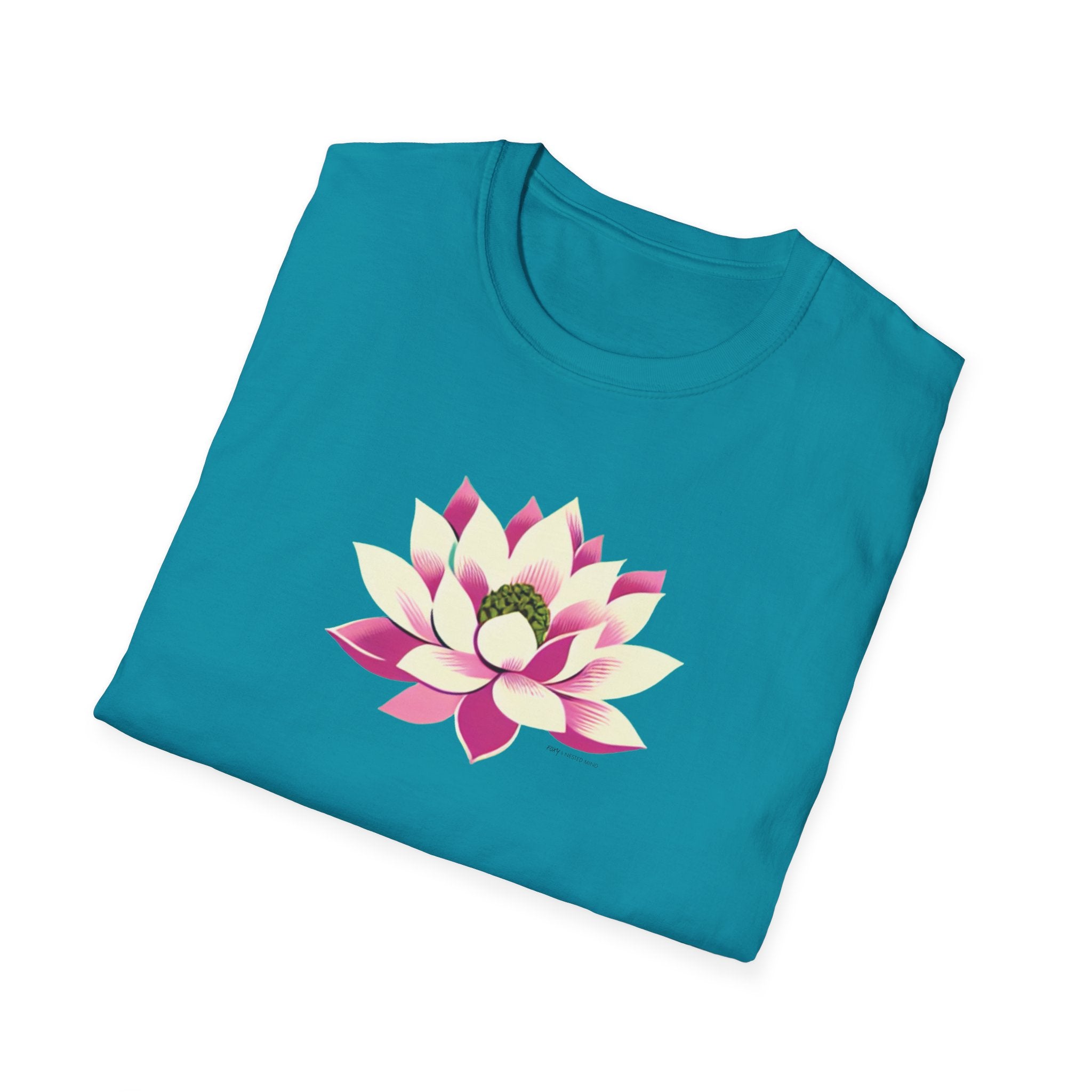 Large pink and cream color lotus flower unfolded t-shirt