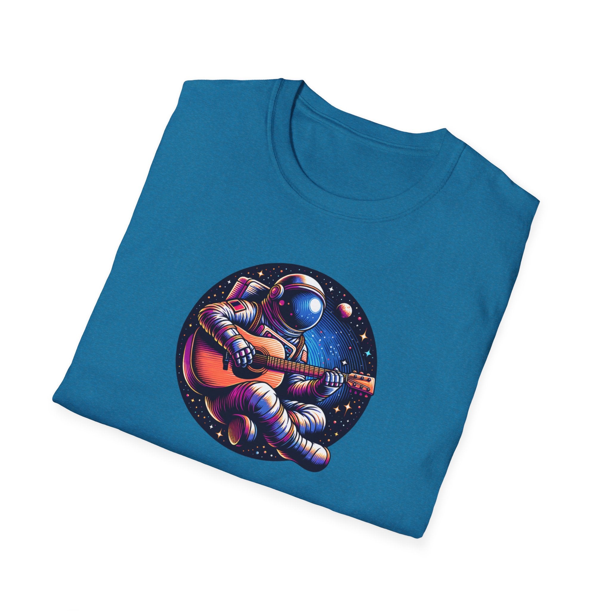 Astronaut playing acoustic guitar in space with planets and stars T-shirt